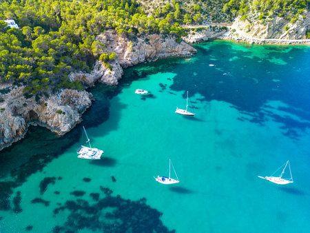 beach of Port Sant Miquel on the north shore of Ibiza island in Spainの写真素材