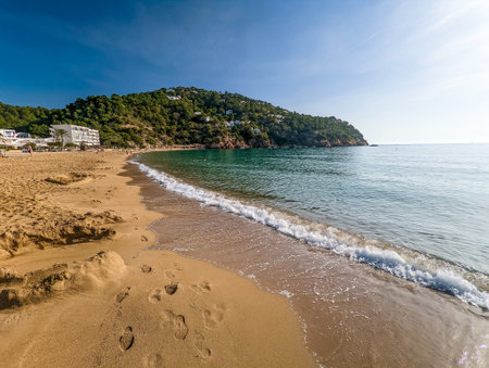 Ibiza, Balearics, Spain - Cala de San Vincente or Sant Vincent, bay with amazing beachの写真素材