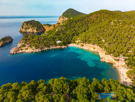 Aerial drone view of Cala Saladeta, Ibiza islands, Spainの写真素材
