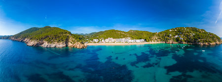 Ibiza, Balearics, Spain - Cala de San Vincente or Sant Vincent, bay with amazing beachの写真素材