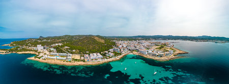 Cala Gracio and Calo el Moro beach on Ibiza island, Spain, aerial viewsの写真素材