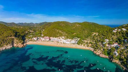 Ibiza, Balearics, Spain - Cala de San Vincente or Sant Vincent, bay with amazing beachの写真素材