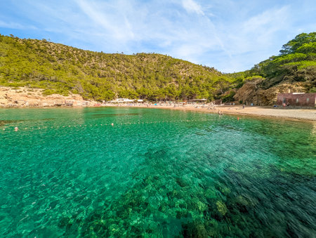 View of Cala Benirras beach with turquoise sea water, Ibiza island, Spainの写真素材