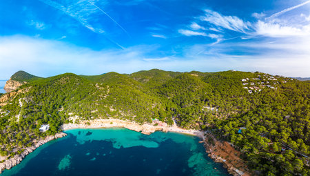 Aerial drone view of Cala Saladeta, Ibiza islands, Spainの写真素材
