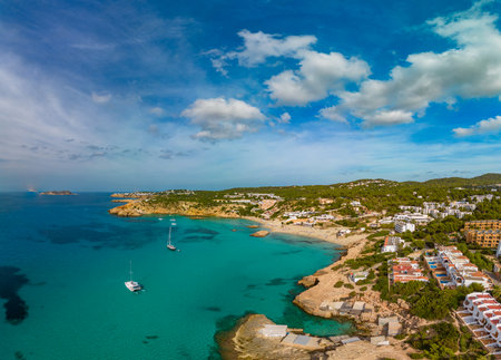 Aerial drone view of a beautiful coast and sea in Cala Tarida, Ibiza island, Spainの写真素材