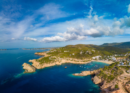 Aerial drone view of Cala Vadella, Ibiza islands, Spainの写真素材