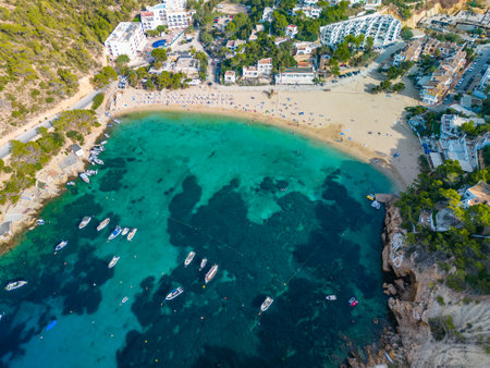 Aerial drone view of Cala Vadella, Ibiza islands, Spainの写真素材