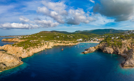 Aerial drone view of Cala Vadella, Ibiza islands, Spainの写真素材