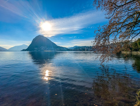 Lugano, Switzerland. Amazing aerial view of the Swiss city, surrounded by lake and mountains.の写真素材
