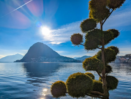 Lugano, Switzerland. Amazing aerial view of the Swiss city, surrounded by lake and mountains.の写真素材