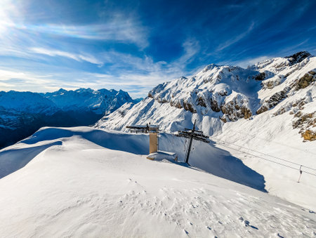 Ski slopes and mountains, Melchsee-Frutt mountain resort village, Switzerland in winterの写真素材