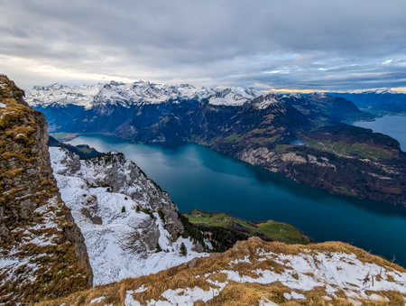 Snow covered mountains and ski slopes, ski area Stoos,Switzerlandの写真素材