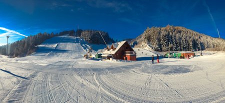 Panoramic aerial winter view of the ski center Vysne Ruzbachy, Slovakiaのeditorial素材