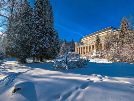 Travertine lake with hot water close to the spa Vysne Ruzbachy, Slovakia, during winterのeditorial素材