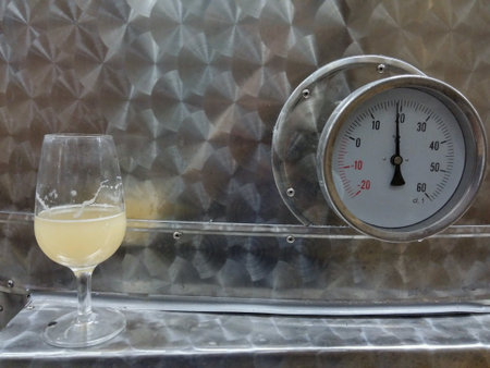 Glass of white wine from Piedmont in fermentation leaning over a steel barrel for vinifの素材