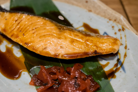 Salmon steak with teriyaki sauce in Japanese restaurant, Japanese Foodの写真素材