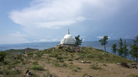 Stupa of Enlightenment on the island Ogoy in the middle of the Lake Baykal の写真素材