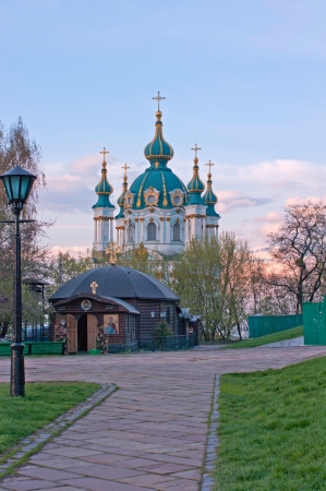 Famous St Andrew Church, Andreevsky Uzviz street in Kiev, Ukraineの写真素材