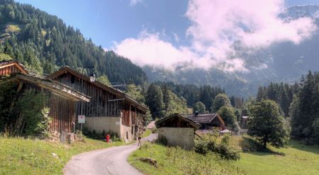 French rural landscape in mountain area with dramatic skiesの写真素材