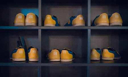 Bowling Shoes on a shelf in a bowling center in Amsterdam, The Netherlands