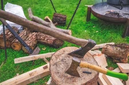 Two axes on a wooden block in Amsterdam, the Netherlands