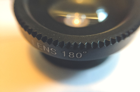 closeup of an 180 degrees lens for smart phonesの写真素材