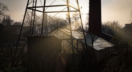 agricultural water tower in sunset in Amsterdam, the Netherlandsの写真素材