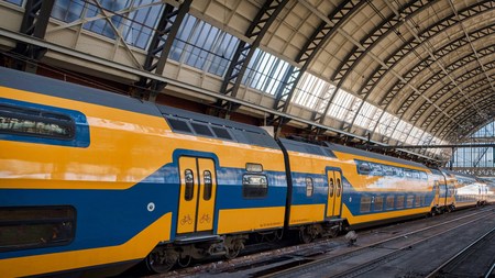 Dutch trains at Amsterdam Central Station in the Netherlandsのeditorial素材