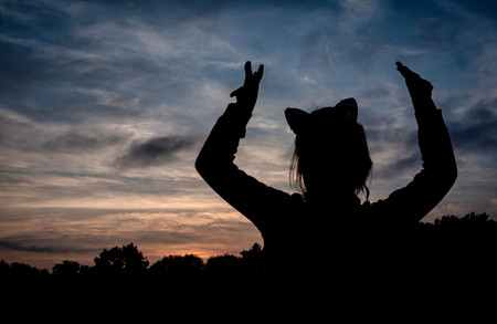 Silhouette of a girl against the sunset in the summerの写真素材