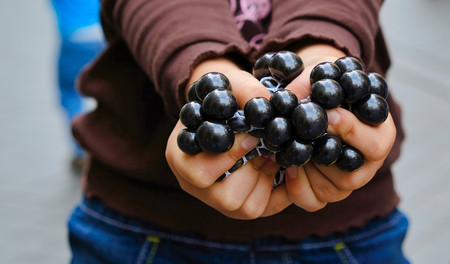 Hands of a girl holding marbles on the streetの写真素材