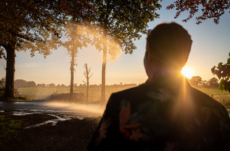 Silhouette of agricultural irrigation system watering cornfield at sunset. Cornfield irrigation using the center pivot sprinkler system. Amsterdam, The Netherlandsの写真素材