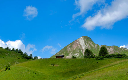 Beautiful alpine landscape with green meadows, alpine cottages and mountain peaks, Lechtal, Lech, Austriaの写真素材