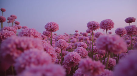 Field of pink flowers at sunset. Soft focus. Beautiful landscape.の写真素材