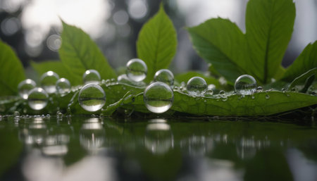Water droplets on green leaves. Beautiful nature background with copy space.の写真素材