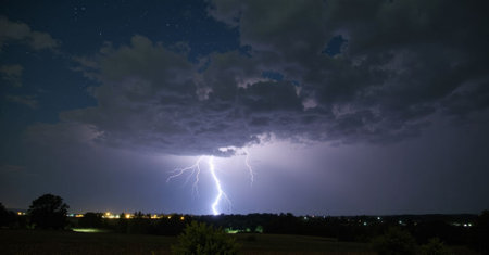 Lightning strike in the night sky. Thunderstorm with lightning.の写真素材