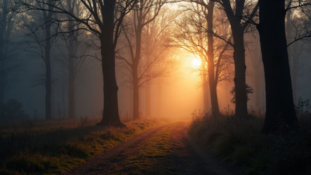 Sunrise in a misty forest with a path leading to the horizonの写真素材