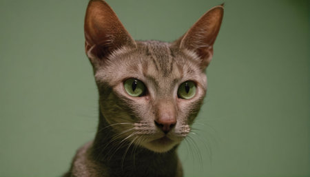 Portrait of a gray cat with green eyes on a green backgroundの写真素材