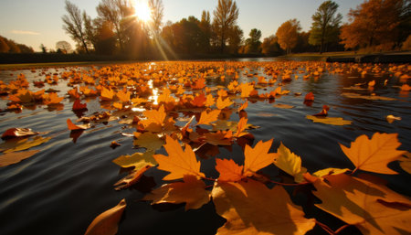 Autumn leaves on the water with sun rays. Fall season.