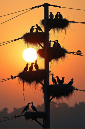 Silhouette of cormorants in the nest at sunsetの写真素材