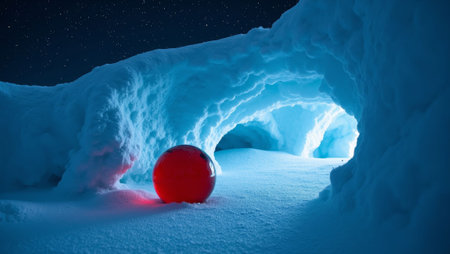 Red Christmas ball in the snow in an ice cave. 3d renderingの写真素材