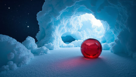 Winter landscape with a red sphere in the middle of an ice caveの写真素材