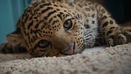 Close up of a young jaguar lying on the carpet.の写真素材