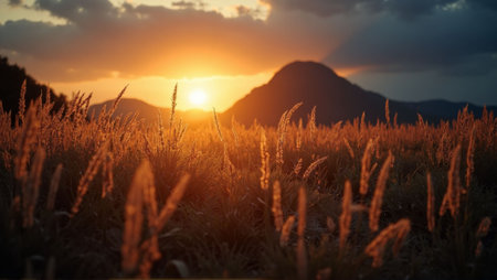Sunset in the meadow with grass and mountains in the backgroundの写真素材