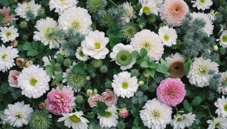 white and pink chrysanthemums in a mixed flowerbedの写真素材