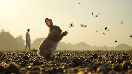 Rabbit with a dandelion in the meadow at sunsetの写真素材