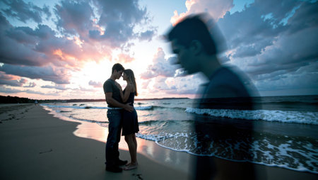 Romantic couple kissing on the beach at sunset. Love concept.の写真素材