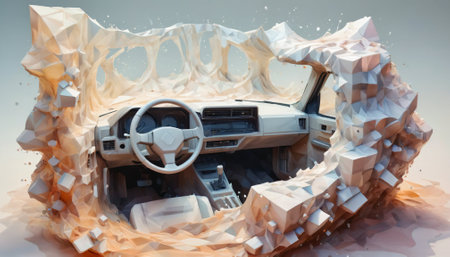 3D rendering of a retro car inside a crumpled paperの写真素材