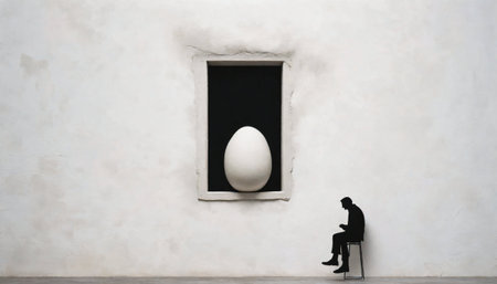 Easter egg and a silhouette of a man in front of a wallの写真素材