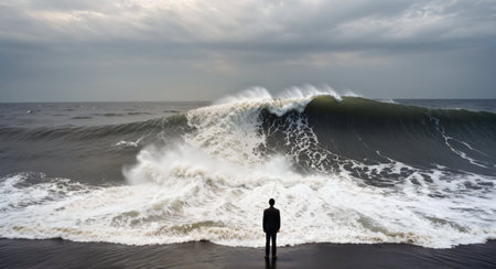 Surfer looking at a large wave breaking on the coast of Atlantic oceanの写真素材