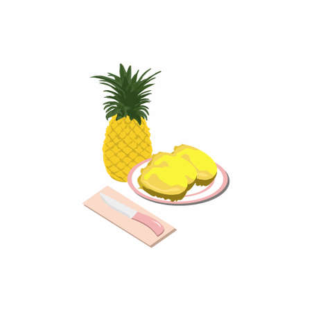 An illustration of a sweet and fresh pineapple that has been cut and placed on a plate, suitable for children's books and magazines as well as books on nutrition and agriculture, can also be used forのイラスト素材